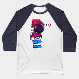 Cute Cool Astronaut Wearing Beanie Hat Cartoon Baseball T-Shirt